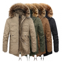 Fashion Artificial Fur Spliced Hooded Plush Lined Long Sleeve Jacket for Men