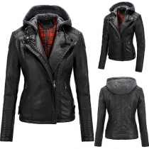 Fashion Detachable Hoodied Laple Side Zipper Artficial Leather PU Jacket for Women