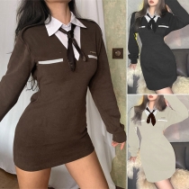 Vintage Style Contrast Color  Stand Collar Long Sleeve Fake-two-piece Dress