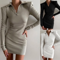 Fashion Solid Color Stand Collar V-neck Long Sleeve Bodycon Dress