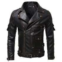 Motor Fashion Stand Collar Lapel Zipper Artificial Leather PU Jacket for Men