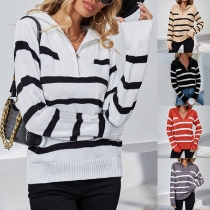 Casual Contrast Color Stripe Printed Half-zipper V-neck Long Sleeve Knitted Shirt