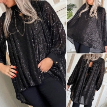 Street Fashion Sequined Mock Neck Long Sleeve Backless Oversize Shirt