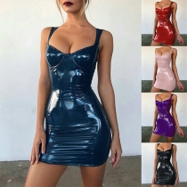 Fashion Solid Color Sweetheart Neck Artificial Leather PU Bodycon Dress