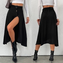 Fashion Buttoned Slit Irregular Hemline Black Skirt