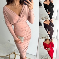Sexy Solid Color V-neck Long Sleeve Ruched Bodycon Dress