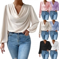 Fashion Solid Color Draped Neck Long Sleeve Chiffon Shirt