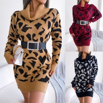 Fashion Leopard Print Turtleneck Long Sleeve Knitted Dress (without Belt)