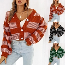 Street Fashion Contrast Color Lantern Sleeve Crop Knitted Cardigan