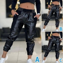 Fashion Artificial Leather PU Spliced Drawstring Waist Pants