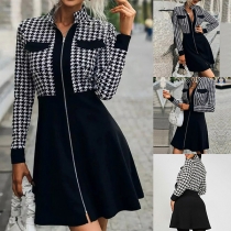 Fashion Houndstooth Contrast Color Long Sleeve Zipper Dress