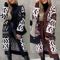 Fashion Contrast Color Diamond Pattern Long Sleeve Knitted Cardigan