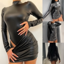Sexy Artificial Leather PU Two-piece Set Consist of Mock Neck Bodysuit and Ruched Skirt