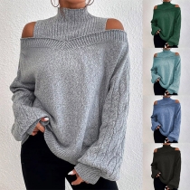 Fashion Solid Color Mock-neck Open-shoulder Long Sleeve Knitted Sweater