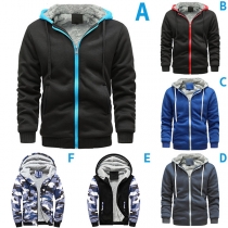Fashion Plush Lined Contrast Color Hoodie Jacket for Men
