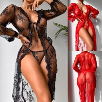 Sexy Lace Two-piece Lingerie Set Consist of Semi-through Robe and Panties