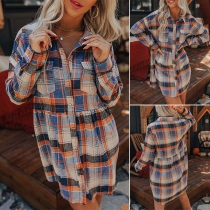 Street Fashion Contrast Color Checkered Long Sleeve Stand Collar Shirt Dress