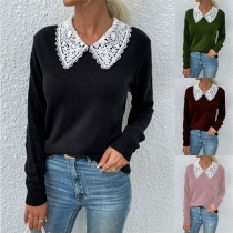 Fashion Lace Spliced Round Neck Long Sleeve Knitted Sweater