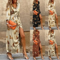 Fashion Printed Buttoned Slit Self-tie Dress