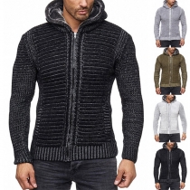 Casual Striped Pattern Long Sleeve Hooded Knitted Cardigan for Men