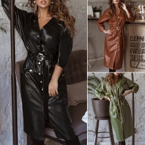 Fashion Solid Color Round Neck Long Sleeve Artificial Leather PU Dress with Belt