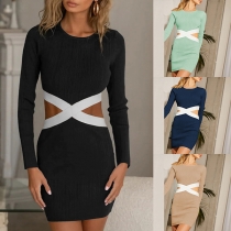 Fashion Contrast Color Cutout Round Neck Long Sleeve Bodycon Dress