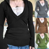 Casual Solid Color V-neck Long Sleeve Kangaroo Pocket Drawstring Hoodie Shirt