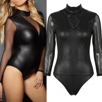 Body sexy en gaze semi-traversante avec fermeture éclair épissée et col en V en cuir artificiel PU