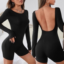Sexy Round Neck Long Sleeve Backless Slim-fit Bodysuit