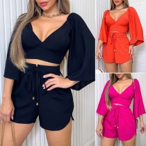Sexy Two-piece Set Consist of Trumpet Sleeve Crop Top and Drawstring Shorts