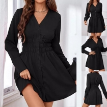 Fashion Buttoned V-neck Long Sleeve Black Dress