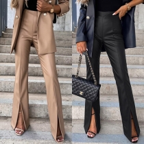 Street Fashion Solid Color Slit Artificial Leather PU Pants