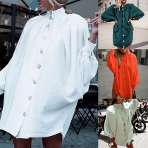Street Fashion Solid Color Mock Neck Puff Sleeve Buttoned Loose Blouse