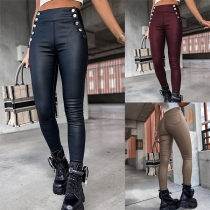 Street Fashion Buttoned High-rise Artificial Leather PU Skinny Pants