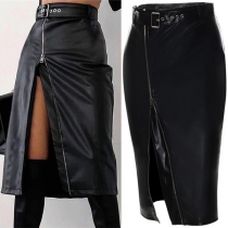 Fashion Zipper Slit Artificial Leather PU Skirt with Belt