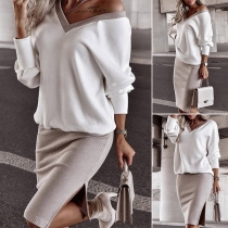 Fashion Knitted Two-piece Set Consist of V-neck Shirt and Slit Skirt