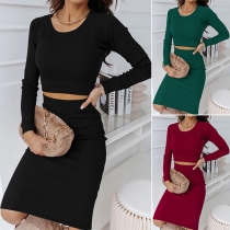 Sexy Solid Color Two-piece Set Consist of Long Sleeve Crop Top and Skirt