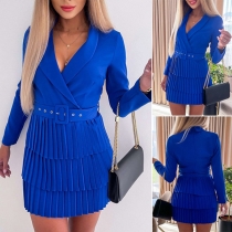 Fashion Solid Color Lapel V-neck Pleated Dress with Belt