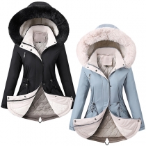 Fashion Warm Plush Lined Drawstring Hooded Jacket for Women