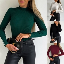 Casual Solid Color Mock Neck Long Sleeve Buttoned Ribbed Shirt