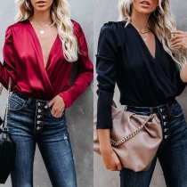 Sexy Solid Color V-neck Long Sleeve Satin Shirt