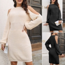 Fashion Solid Color Round Neck Open-shoulder Long Sleeve Knitted Dress
