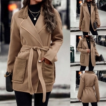 Fashion Lapel Long Sleeve Patch Pockets Self-tie Jacket