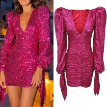 Sexy Bling-bling Sequined V-neck Long Sleeve Ruched Bodycon Party Dress