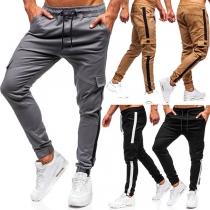 Casual Side Patch Pockets Drawstring Elastic Pants for Men