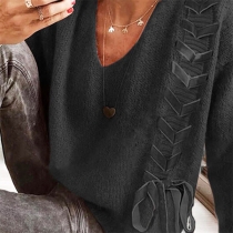 Casual V-neck Long Sleeve Lace-up Knitted Sweater