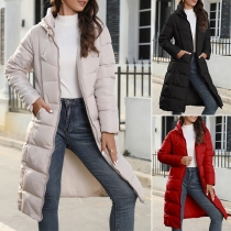 Fashion Solid Color Long Sleeve Quilted Hooded Longline Coat