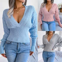 Casual Solid Color V-neck Long Sleeve Knitted Sweater