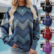 Casual Contrast Color Wave Pattern Round Neck Long Sleeve Shirt