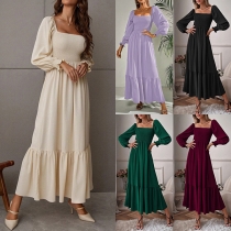 Fashion Solid Color Long Sleeve Square Neck Smocked Long Sleeve Dress